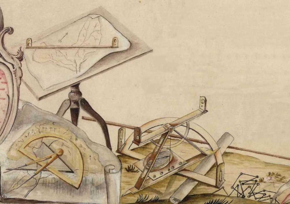 Térképészeti eszközök Milecz György a hradeki kamarai uradalmat ábrázoló erdőtérképén, 1767 körül