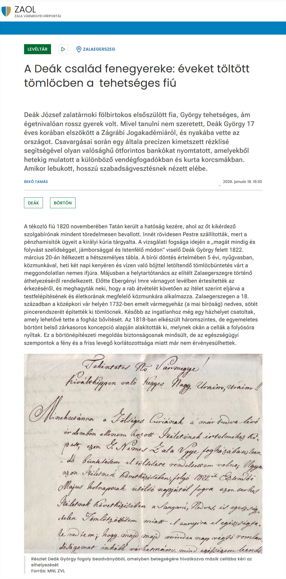 A Deák család fenegyereke: éveket töltött tömlöcben a tehetséges fiú című ZAOL cikk képernyőképe