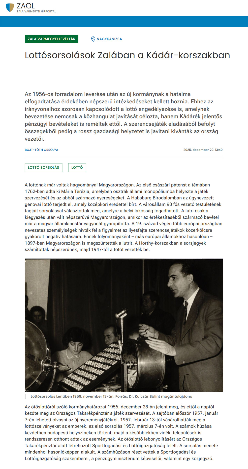 Lottósorsolások Zalában a Kádár-korszakban című ZAOL cikk képernyőképe